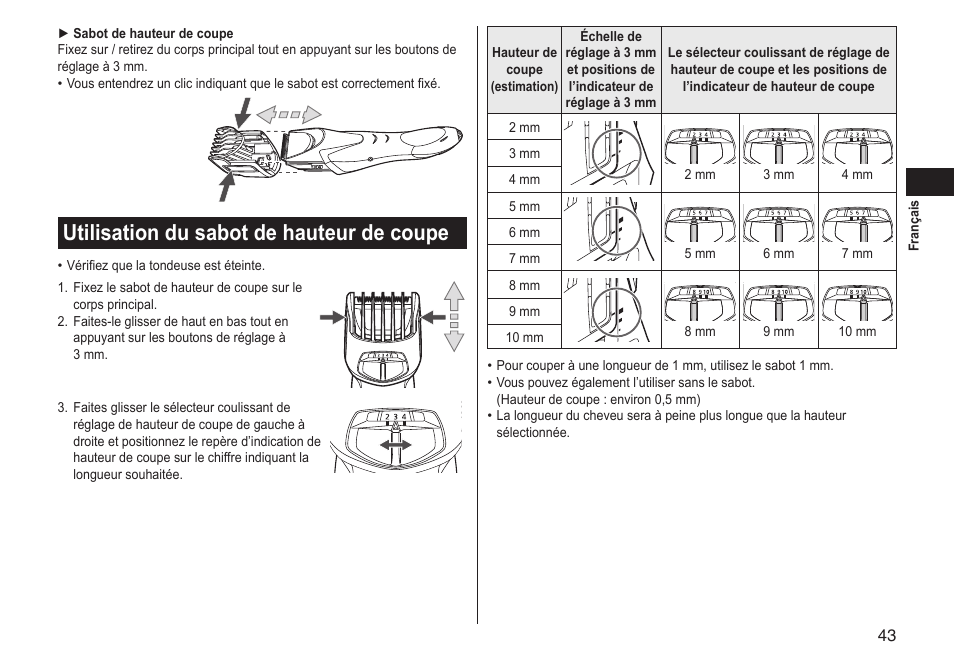 Utilisation du sabot de hauteur de coupe | Panasonic ERGS60 User Manual | Page 43 / 256