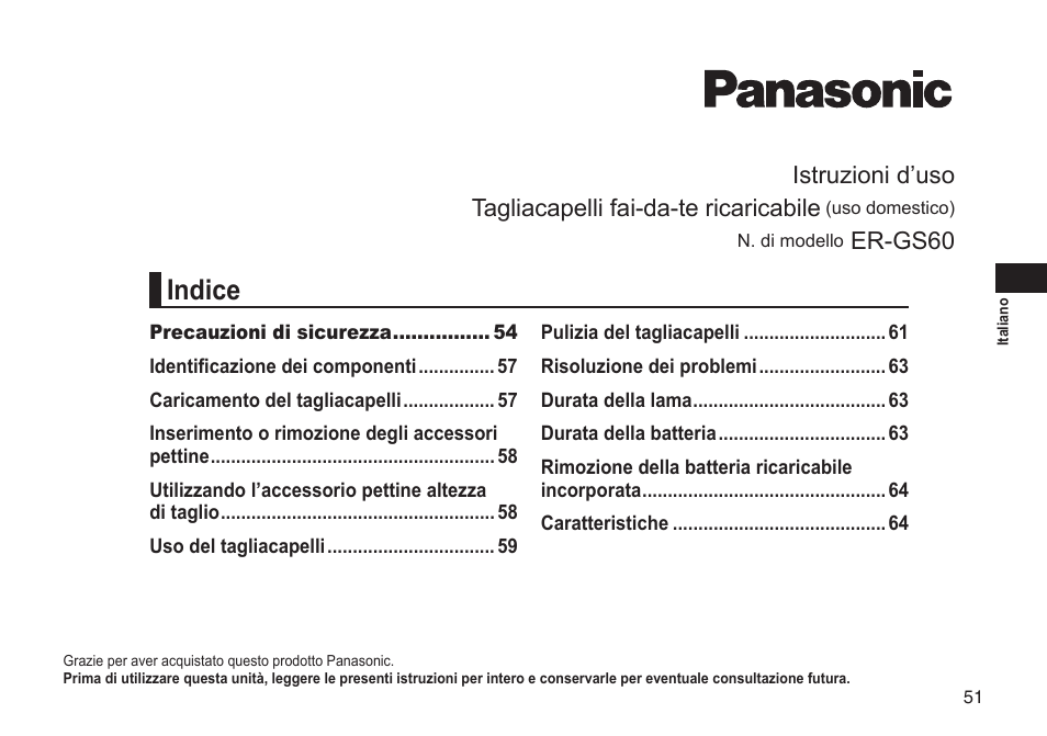 Indice, Er-gs60 | Panasonic ERGS60 User Manual | Page 51 / 256