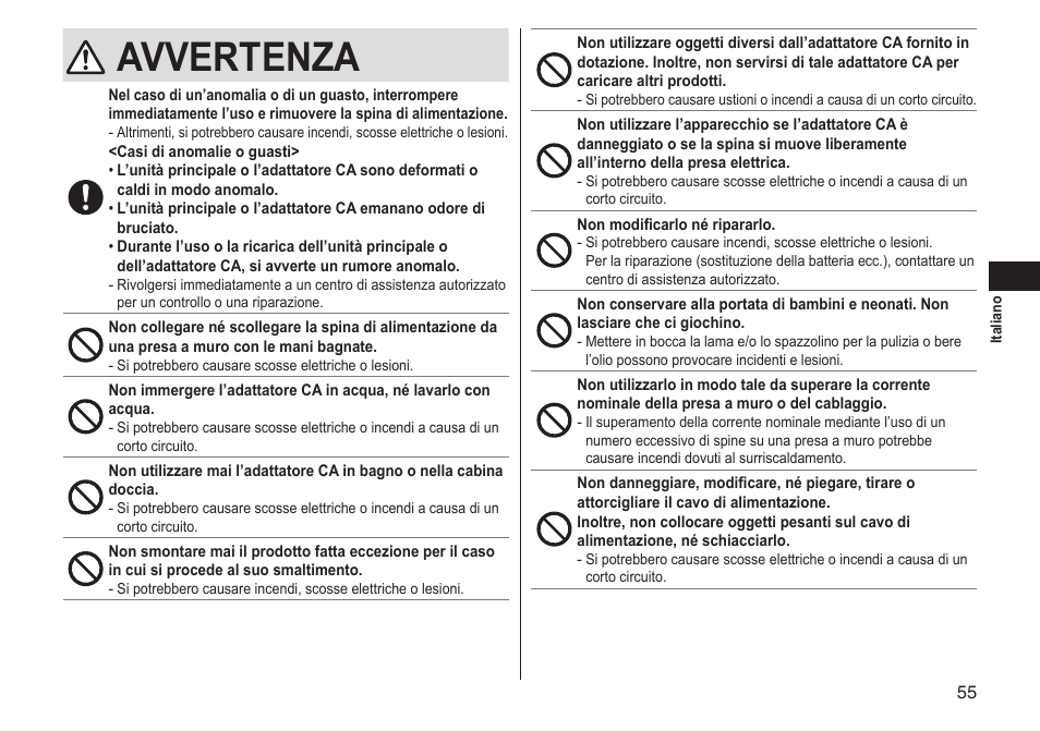 Avvertenza | Panasonic ERGS60 User Manual | Page 55 / 256