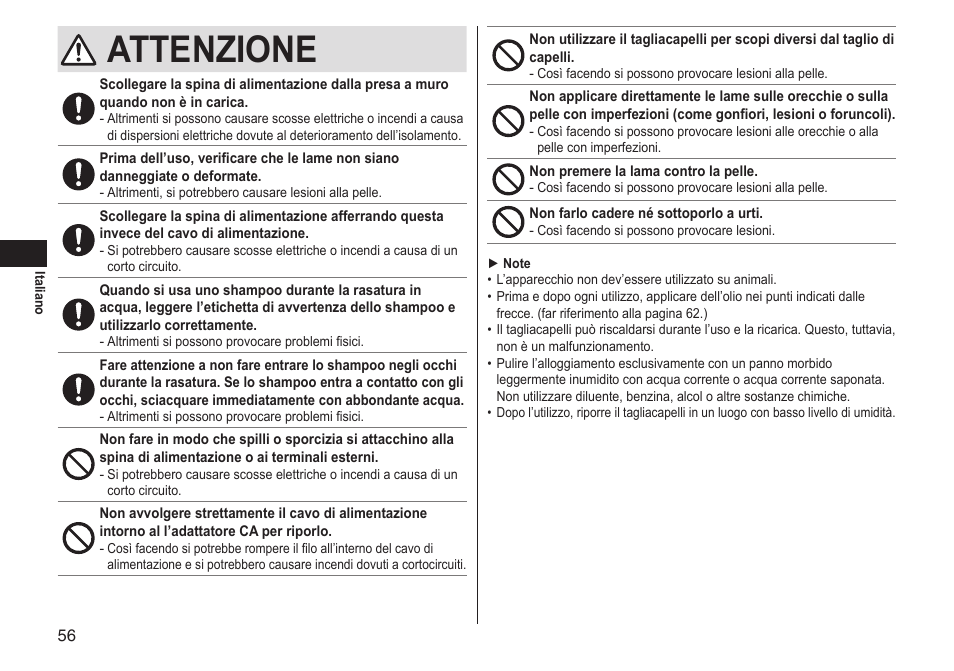 Attenzione | Panasonic ERGS60 User Manual | Page 56 / 256