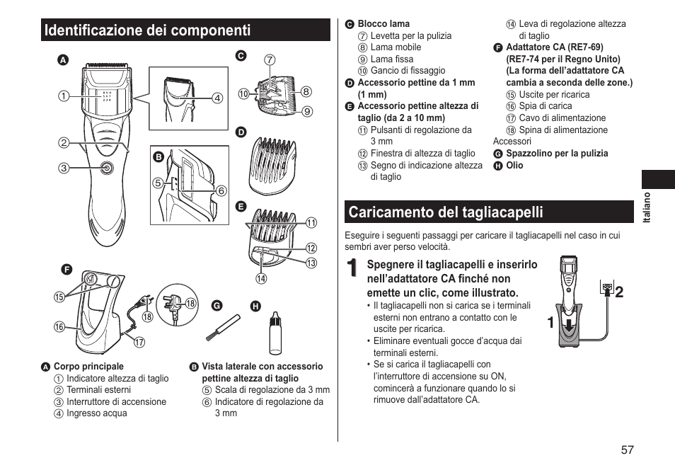 Identificazione dei componenti, Caricamento del tagliacapelli | Panasonic ERGS60 User Manual | Page 57 / 256