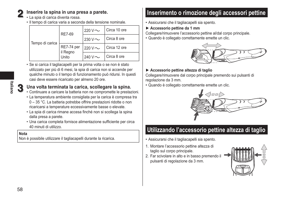 Inserimento o rimozione degli accessori pettine, Utilizzando l’accessorio pettine altezza di taglio | Panasonic ERGS60 User Manual | Page 58 / 256