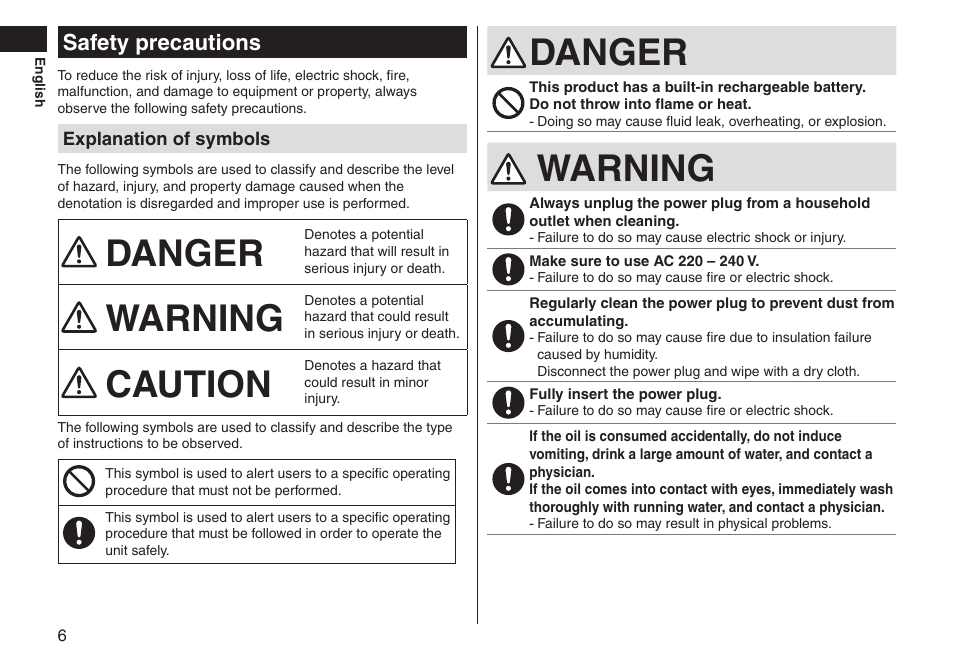 Danger, Warning, Caution | Safety precautions | Panasonic ERGS60 User Manual | Page 6 / 256