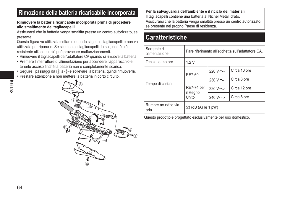 Rimozione della batteria ricaricabile incorporata, Caratteristiche | Panasonic ERGS60 User Manual | Page 64 / 256