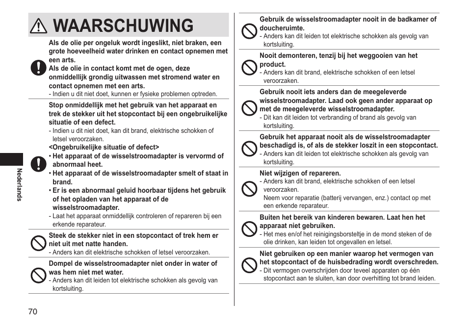 Waarschuwing | Panasonic ERGS60 User Manual | Page 70 / 256