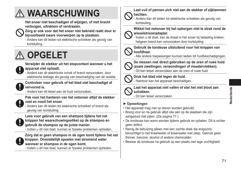Waarschuwing, Opgelet | Panasonic ERGS60 User Manual | Page 71 / 256