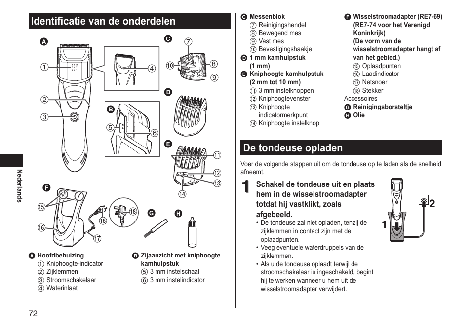 Identificatie van de onderdelen, De tondeuse opladen | Panasonic ERGS60 User Manual | Page 72 / 256