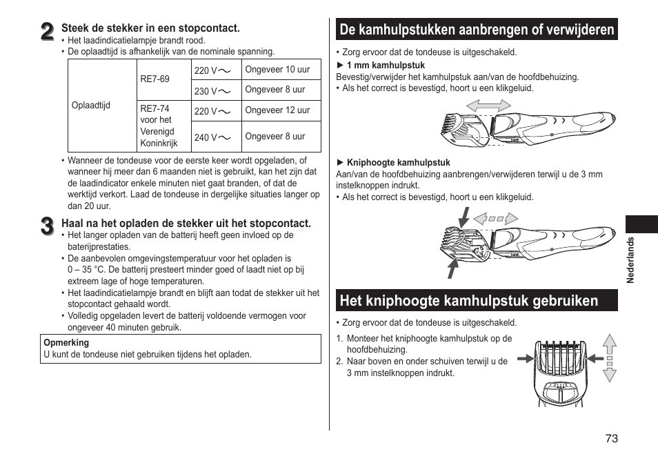 De kamhulpstukken aanbrengen of verwijderen, Het kniphoogte kamhulpstuk gebruiken | Panasonic ERGS60 User Manual | Page 73 / 256