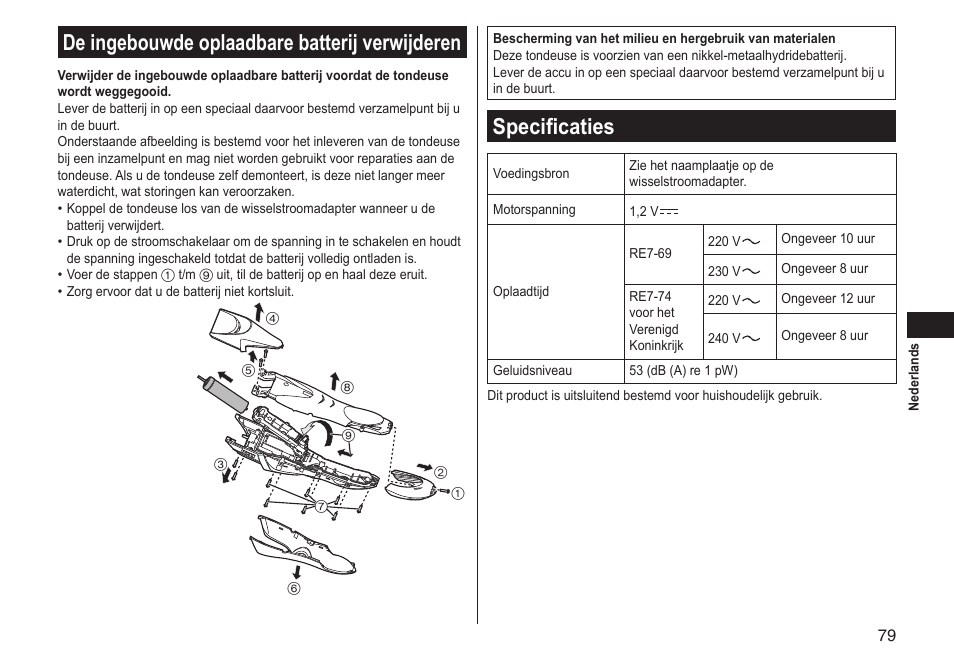 De ingebouwde oplaadbare batterij verwijderen, Specificaties | Panasonic ERGS60 User Manual | Page 79 / 256