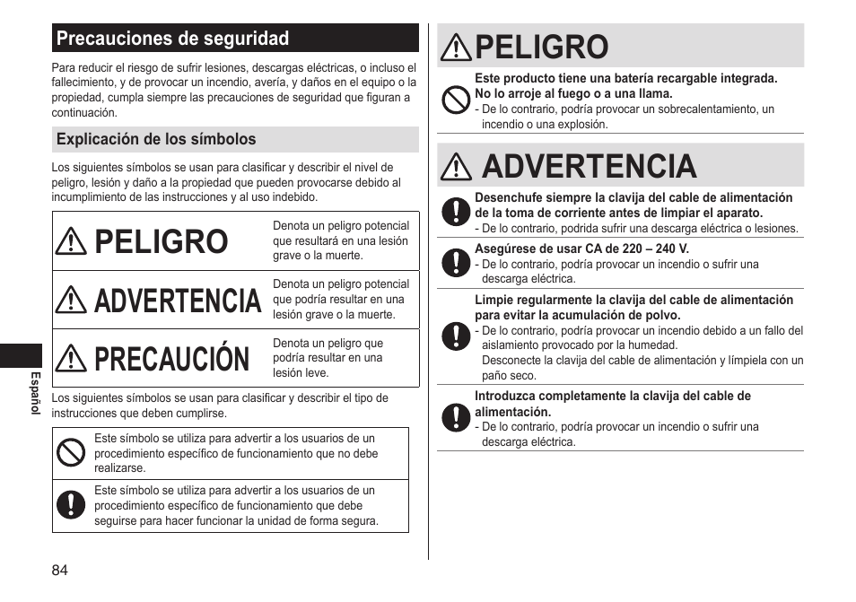 Peligro, Advertencia, Precaución | Precauciones de seguridad | Panasonic ERGS60 User Manual | Page 84 / 256