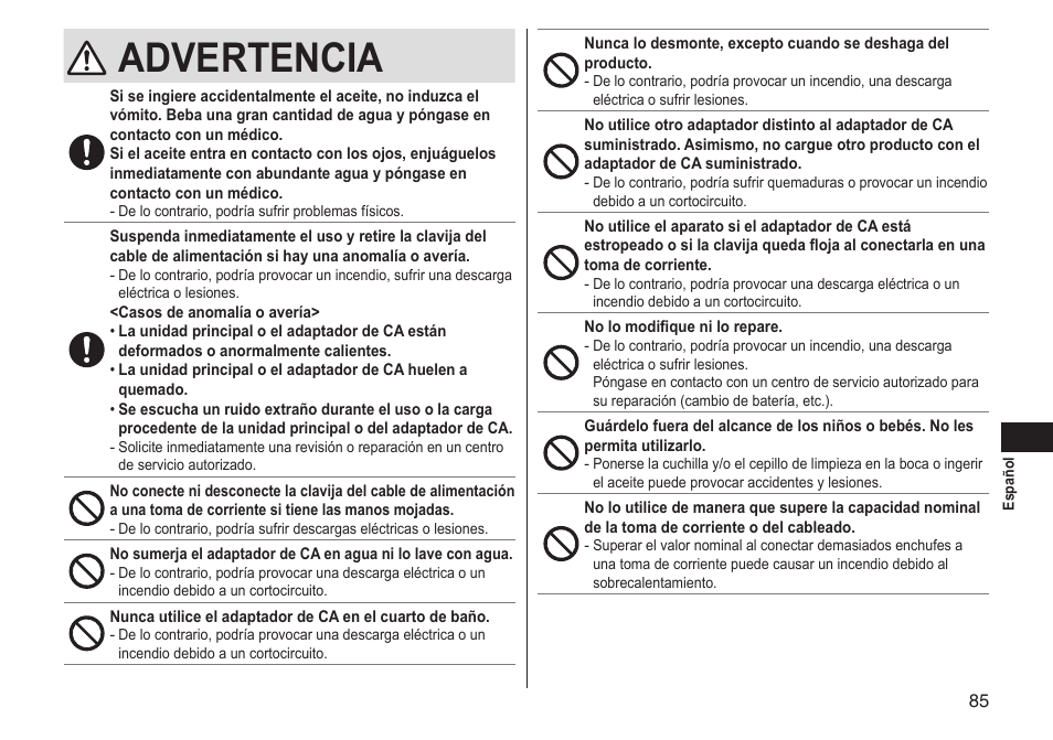 Advertencia | Panasonic ERGS60 User Manual | Page 85 / 256