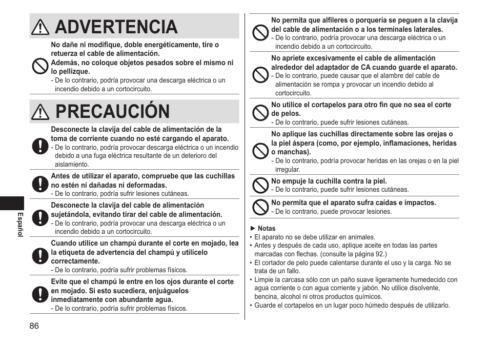 Advertencia, Precaución | Panasonic ERGS60 User Manual | Page 86 / 256
