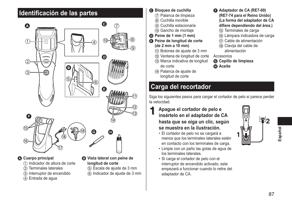 Identificación de las partes, Carga del recortador | Panasonic ERGS60 User Manual | Page 87 / 256