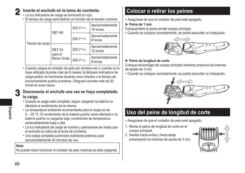 Colocar o retirar los peines, Uso del peine de longitud de corte | Panasonic ERGS60 User Manual | Page 88 / 256