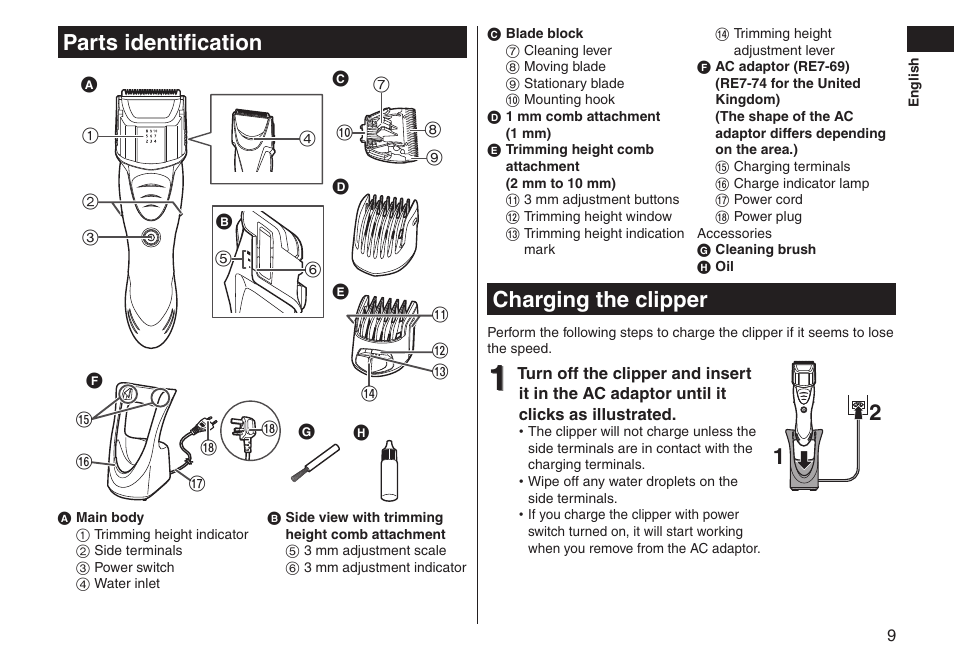 Parts identification, Charging the clipper | Panasonic ERGS60 User Manual | Page 9 / 256