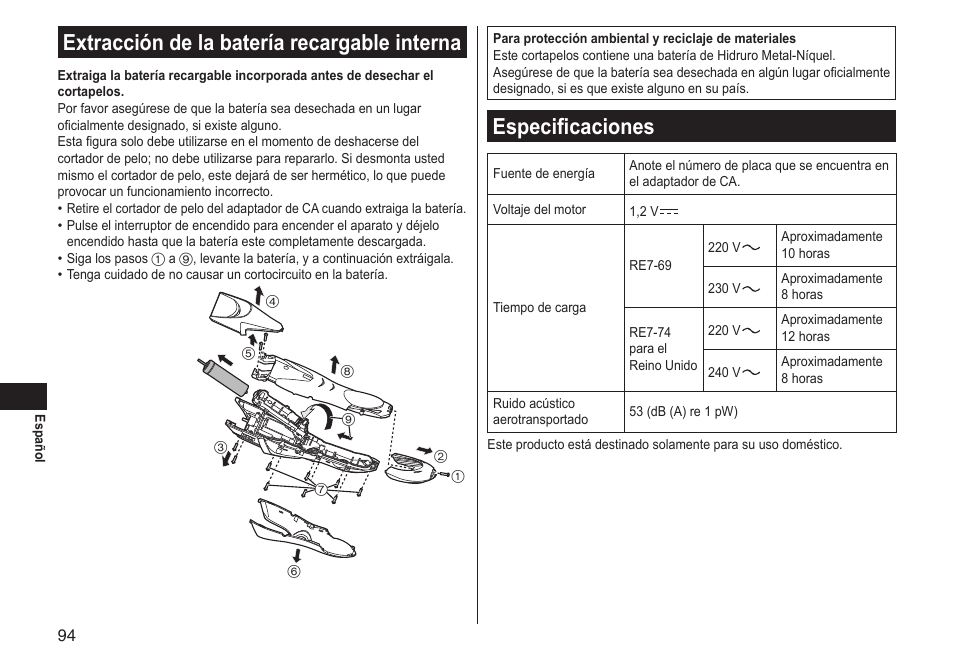 Extracción de la batería recargable interna, Especificaciones | Panasonic ERGS60 User Manual | Page 94 / 256