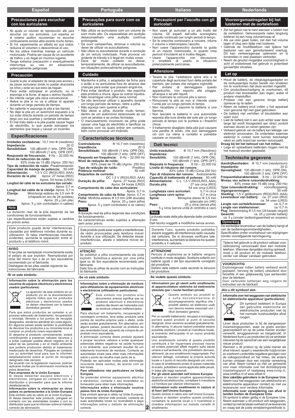 Español português italiano, Especifi caciones, Características técnicas | Dati tecnici, Nederlands, Technische gegevens | Panasonic RPHC31 User Manual | Page 2 / 8