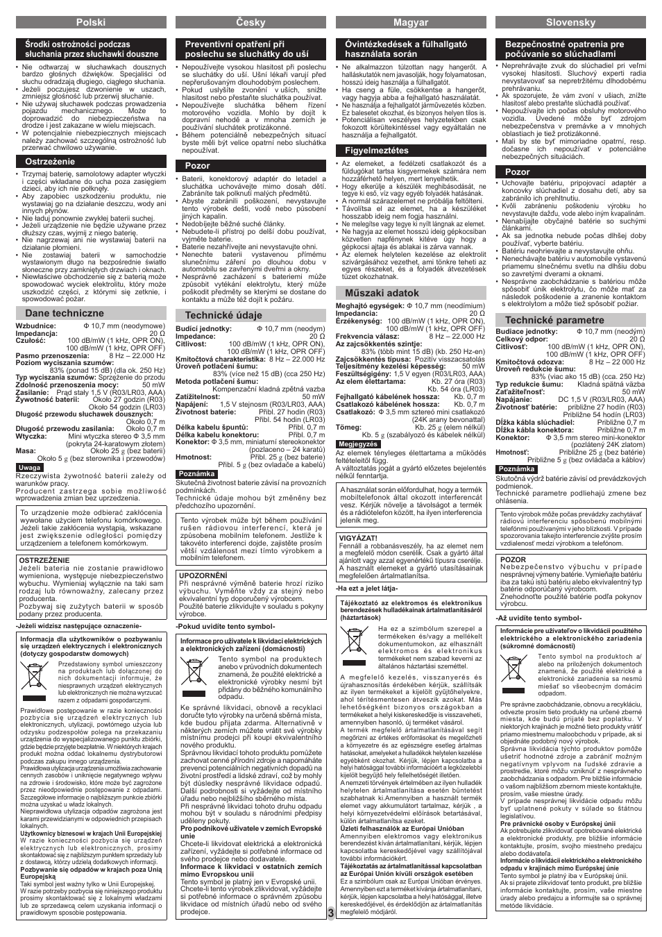 Polski česky magyar slovensky, Technické parametre, Dane techniczne | Technické údaje, Műszaki adatok | Panasonic RPHC31 User Manual | Page 3 / 8