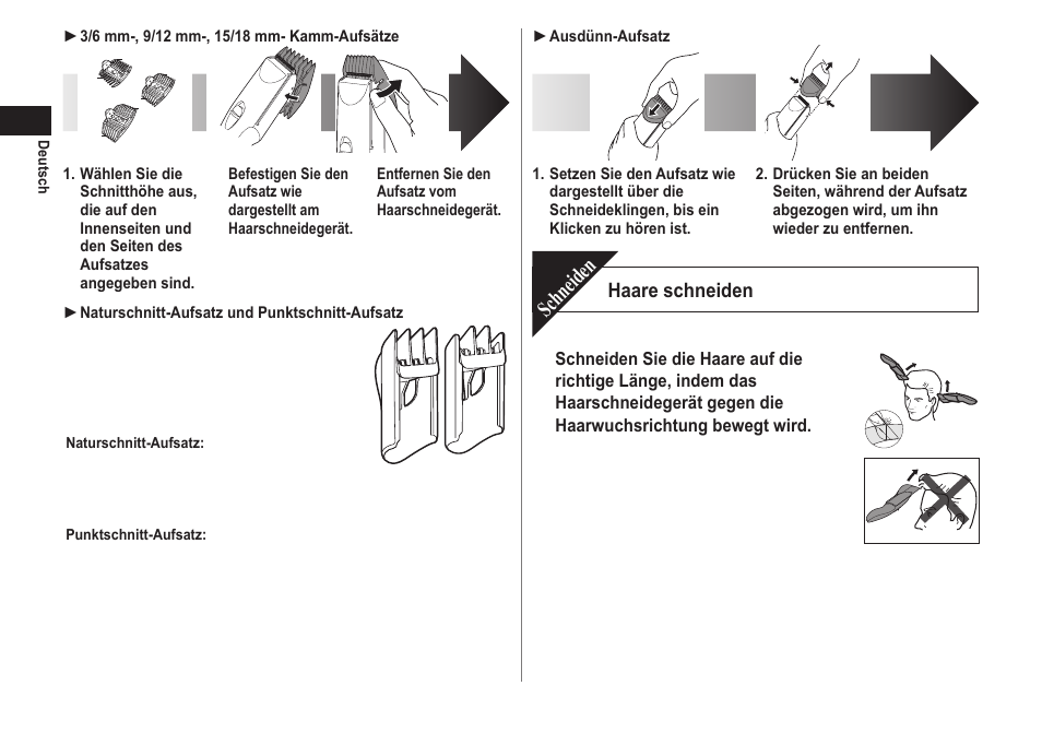 Schneiden, Haare schneiden | Panasonic ERCA70 User Manual | Page 10 / 108