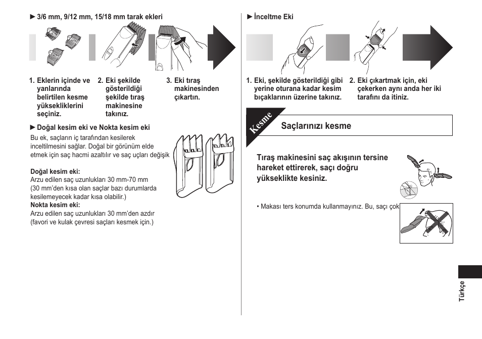 Kesme, Saçlarınızı kesme | Panasonic ERCA70 User Manual | Page 101 / 108