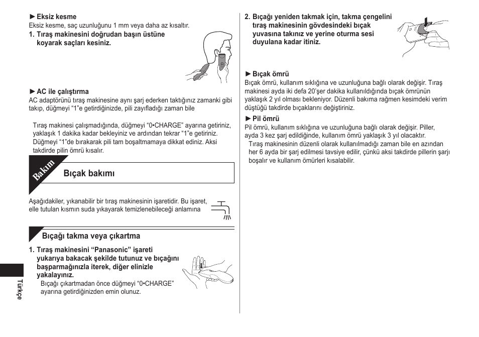 Bakım, Bıçak bakımı | Panasonic ERCA70 User Manual | Page 102 / 108