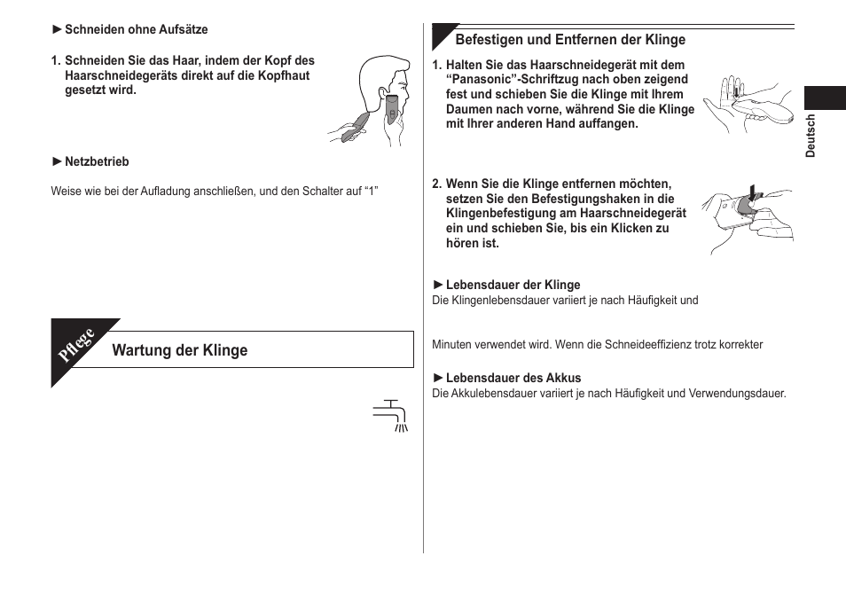 Pflege, Wartung der klinge | Panasonic ERCA70 User Manual | Page 11 / 108