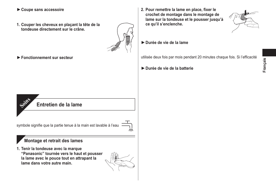 Soins, Entretien de la lame | Panasonic ERCA70 User Manual | Page 17 / 108