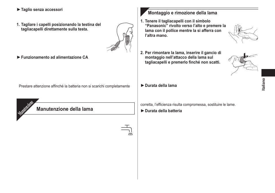 Manutenzione, Manutenzione della lama | Panasonic ERCA70 User Manual | Page 23 / 108