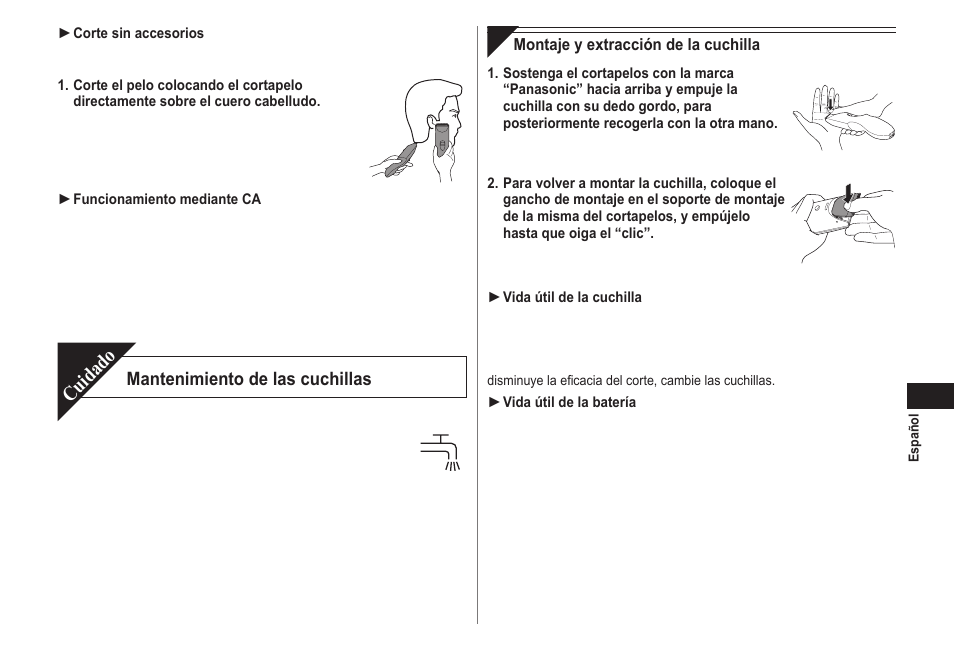 Cuidado, Mantenimiento de las cuchillas | Panasonic ERCA70 User Manual | Page 35 / 108