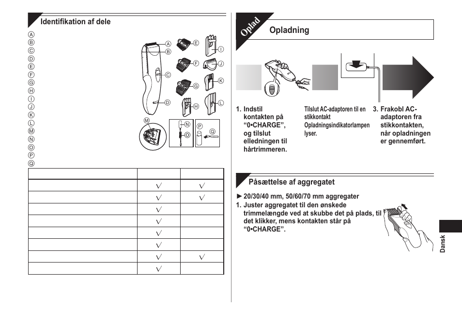 Oplad, Opladning | Panasonic ERCA70 User Manual | Page 39 / 108