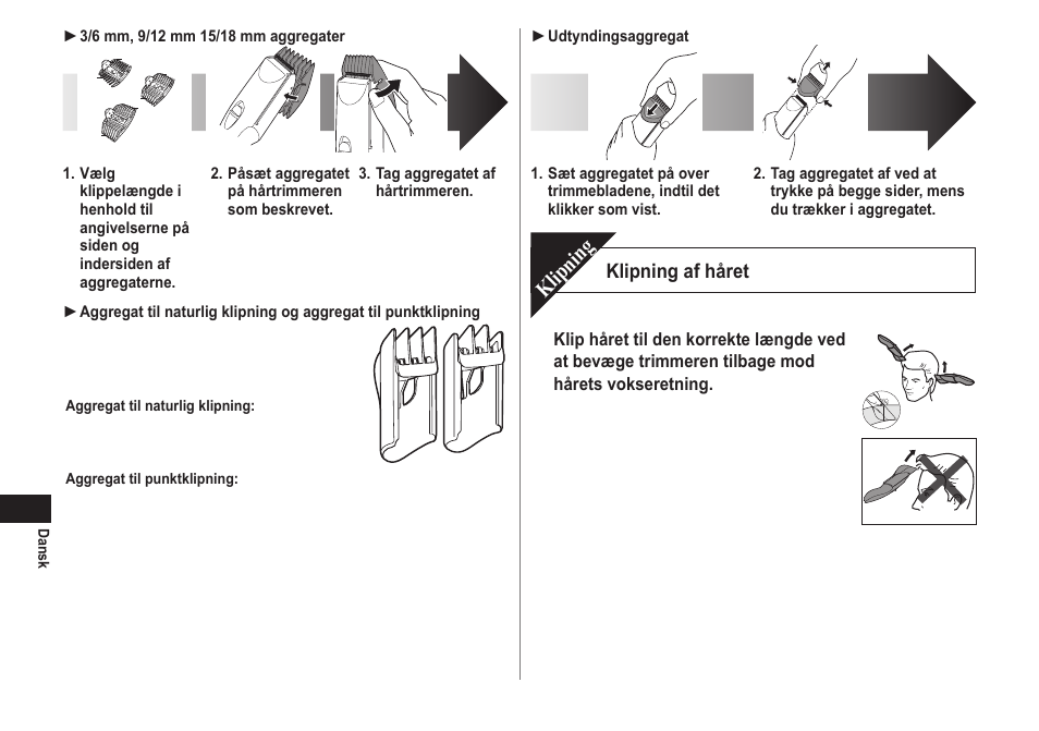 Klipning, Klipning af håret | Panasonic ERCA70 User Manual | Page 40 / 108