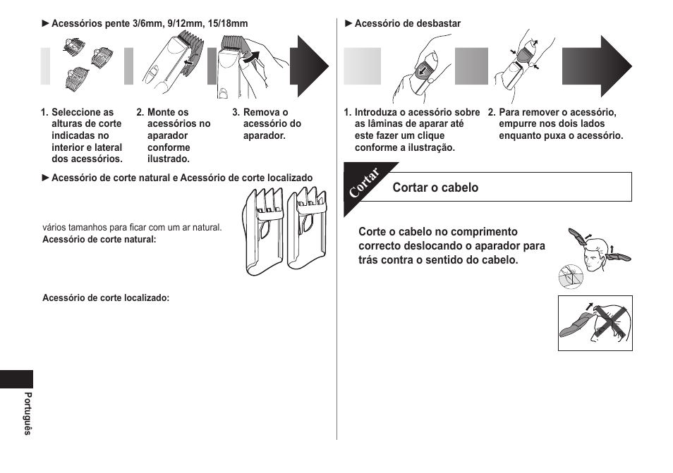 Cortar, Cortar o cabelo | Panasonic ERCA70 User Manual | Page 46 / 108