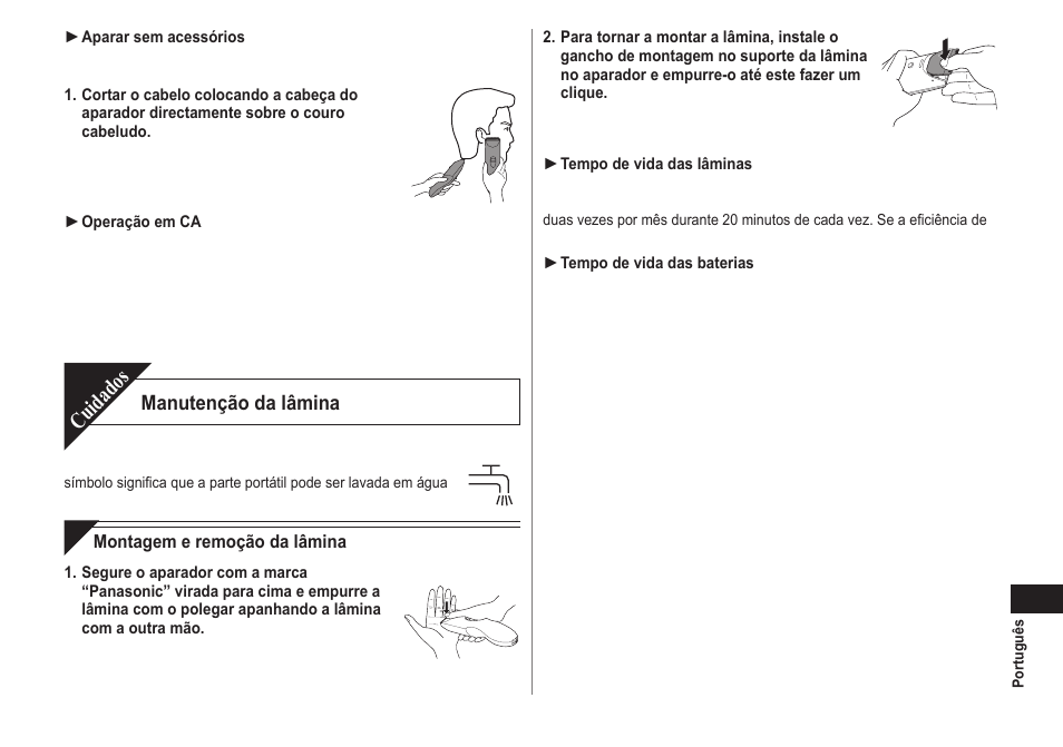 Cuidados, Manutenção da lâmina | Panasonic ERCA70 User Manual | Page 47 / 108
