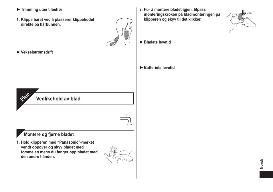 Pleie, Vedlikehold av blad | Panasonic ERCA70 User Manual | Page 53 / 108