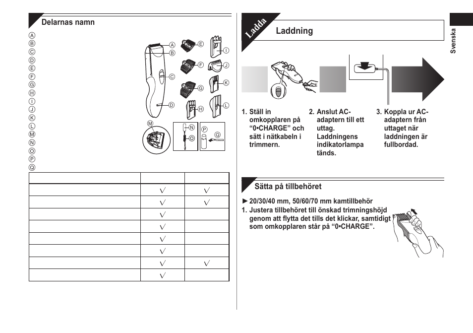 Ladda, Laddning | Panasonic ERCA70 User Manual | Page 57 / 108