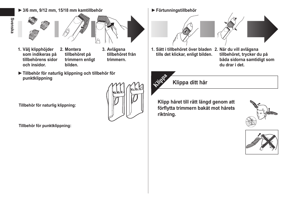 Klippa, Klippa ditt hår | Panasonic ERCA70 User Manual | Page 58 / 108