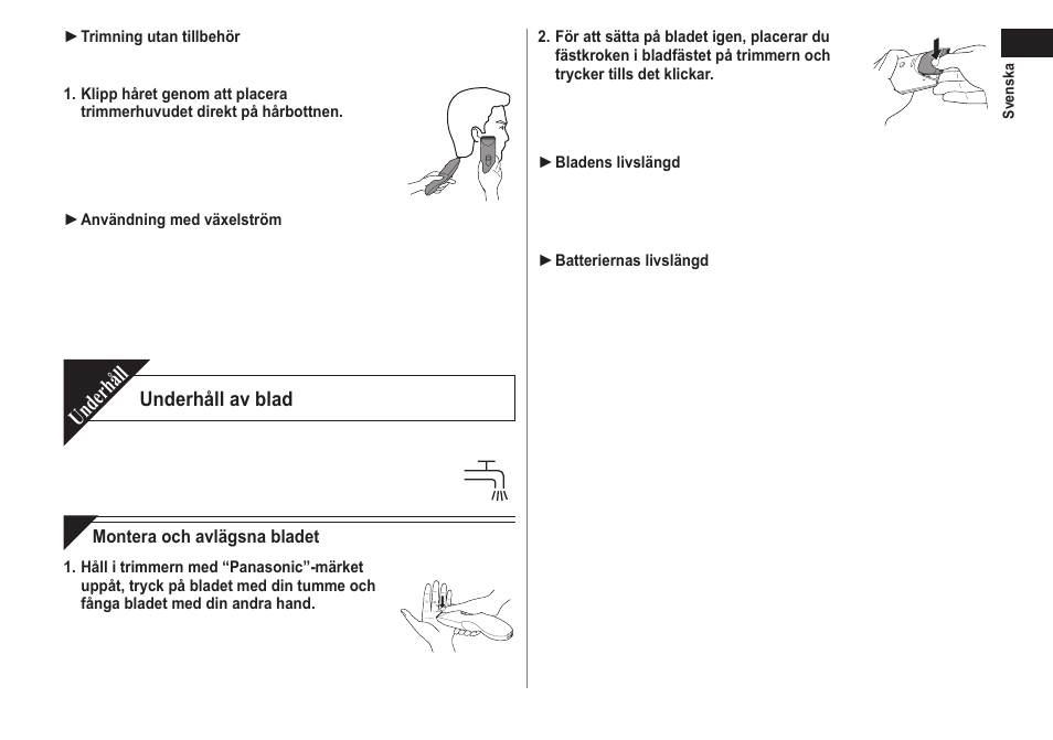 Underhåll, Underhåll av blad | Panasonic ERCA70 User Manual | Page 59 / 108