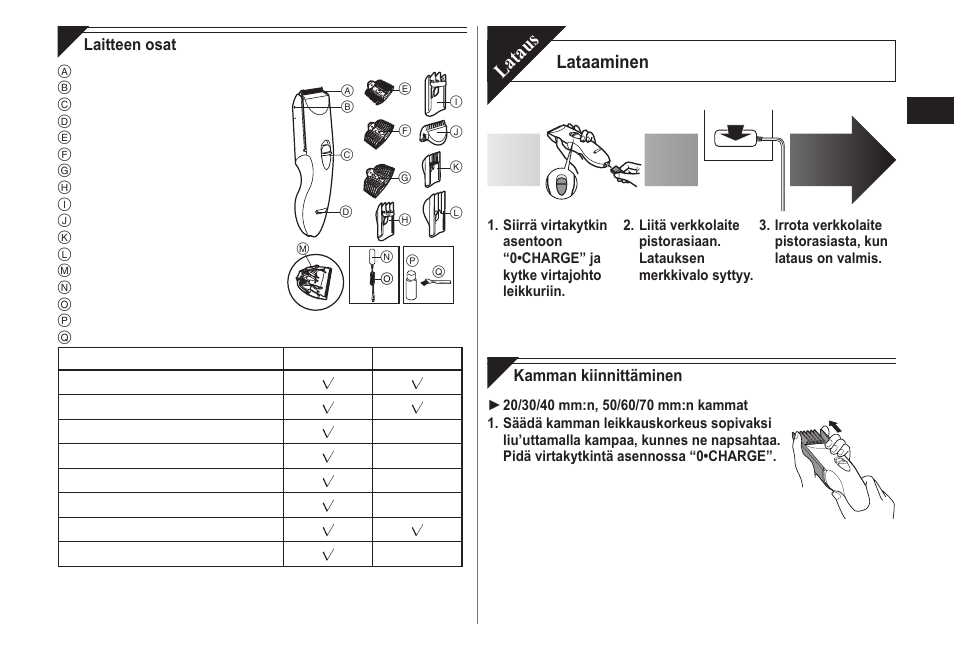 Lataus, Lataaminen | Panasonic ERCA70 User Manual | Page 63 / 108
