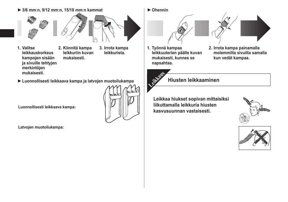 Leikkaus, Hiusten leikkaaminen | Panasonic ERCA70 User Manual | Page 64 / 108