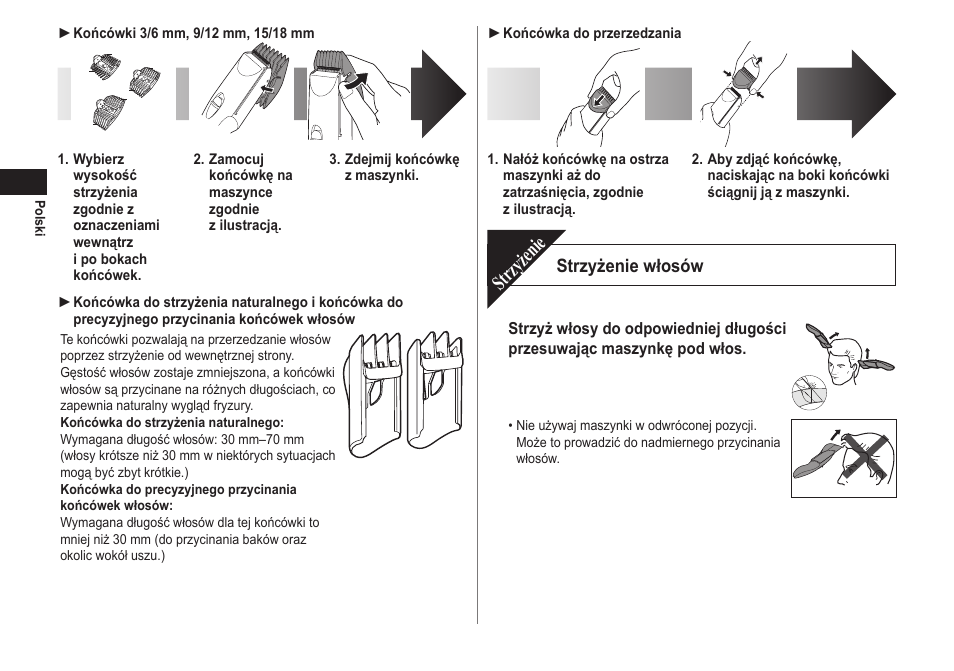 Strzyżenie, Strzyżenie włosów | Panasonic ERCA70 User Manual | Page 70 / 108