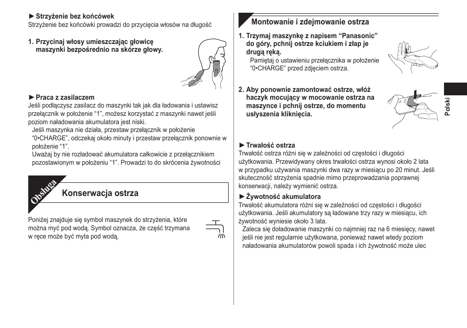 Obsługa, Konserwacja ostrza | Panasonic ERCA70 User Manual | Page 71 / 108