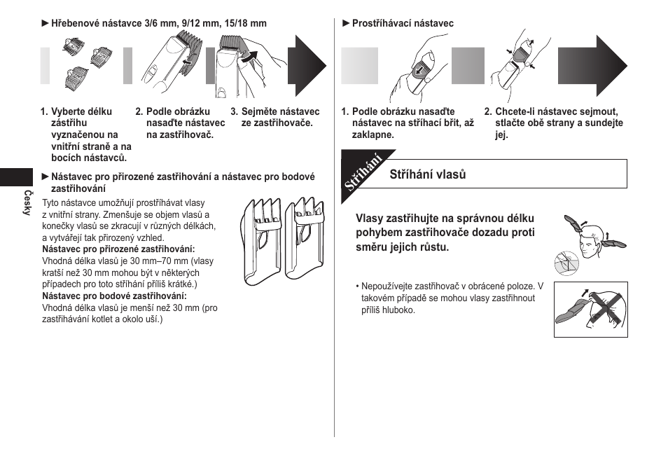 Stříhání, Stříhání vlasů | Panasonic ERCA70 User Manual | Page 76 / 108