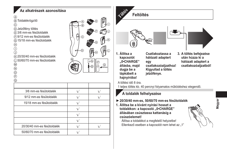 Töltés, Feltöltés | Panasonic ERCA70 User Manual | Page 87 / 108