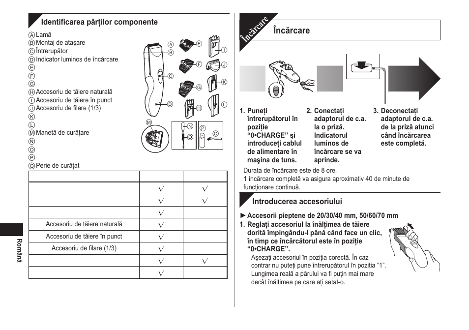Încăr car e, Încărcare | Panasonic ERCA70 User Manual | Page 94 / 108
