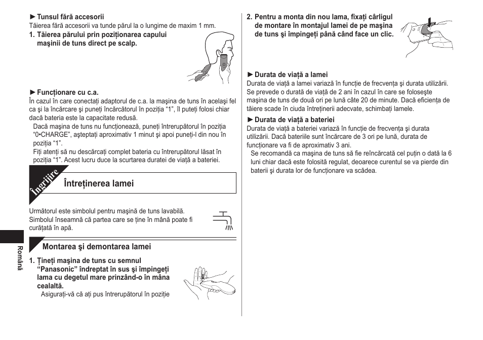 Îngrijir e, Întreţinerea lamei | Panasonic ERCA70 User Manual | Page 96 / 108