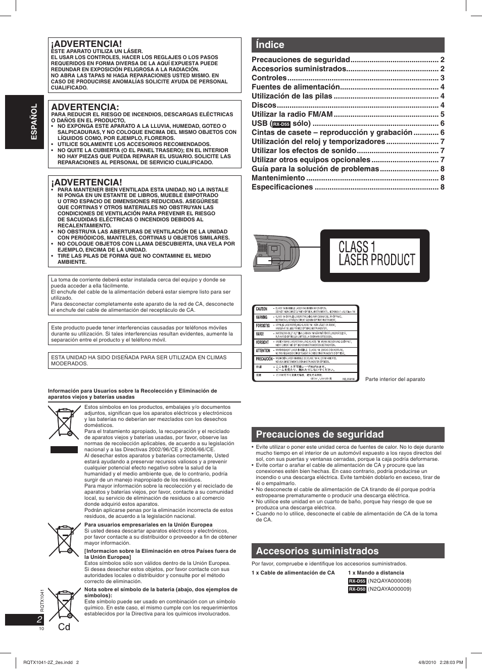 Precauciones de seguridad, Índice, Accesorios suministrados | Advertencia | Panasonic RXD50EG User Manual | Page 10 / 28