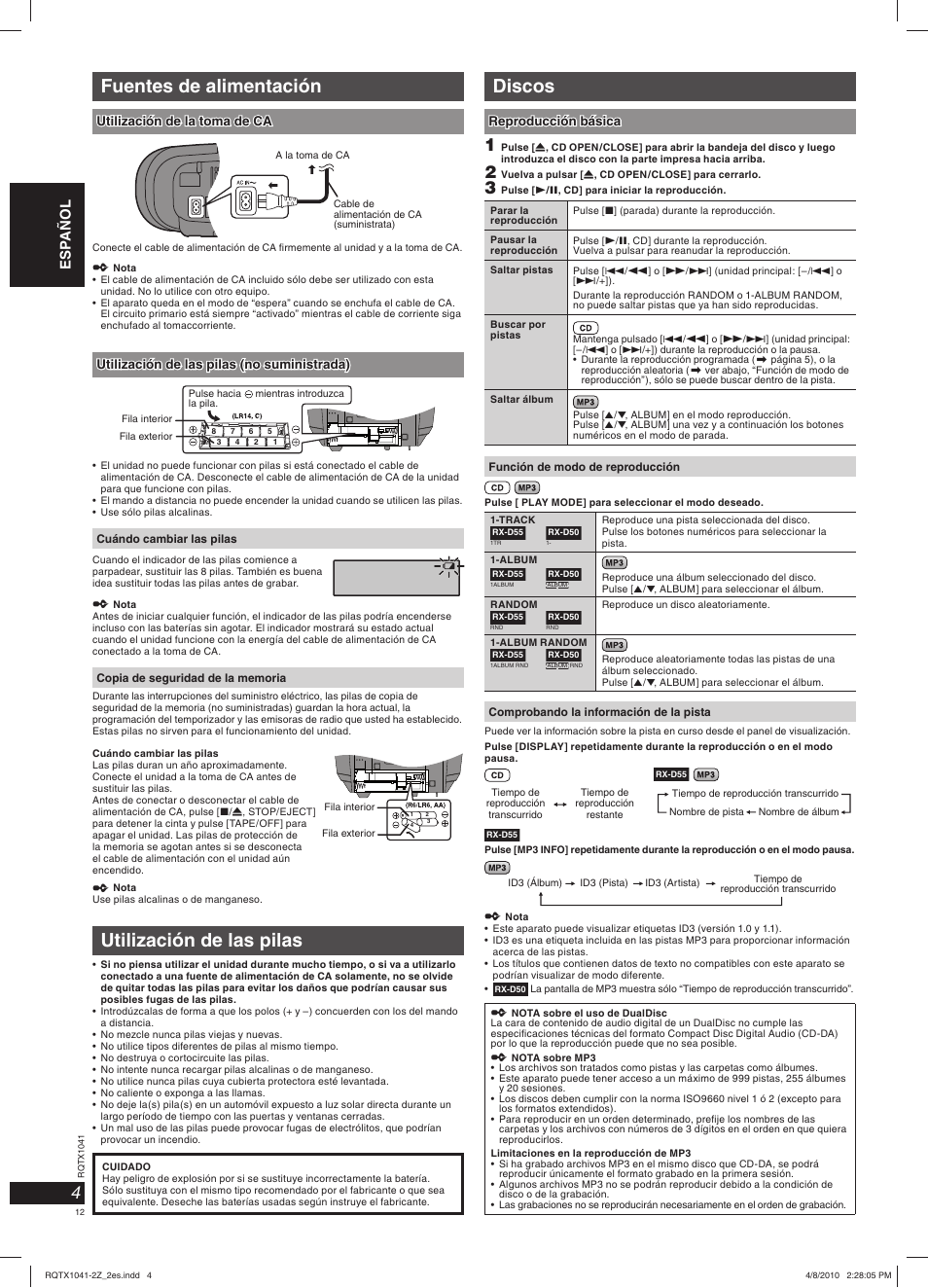 Discos, Fuentes de alimentación, Utilización de las pilas | Panasonic RXD50EG User Manual | Page 12 / 28