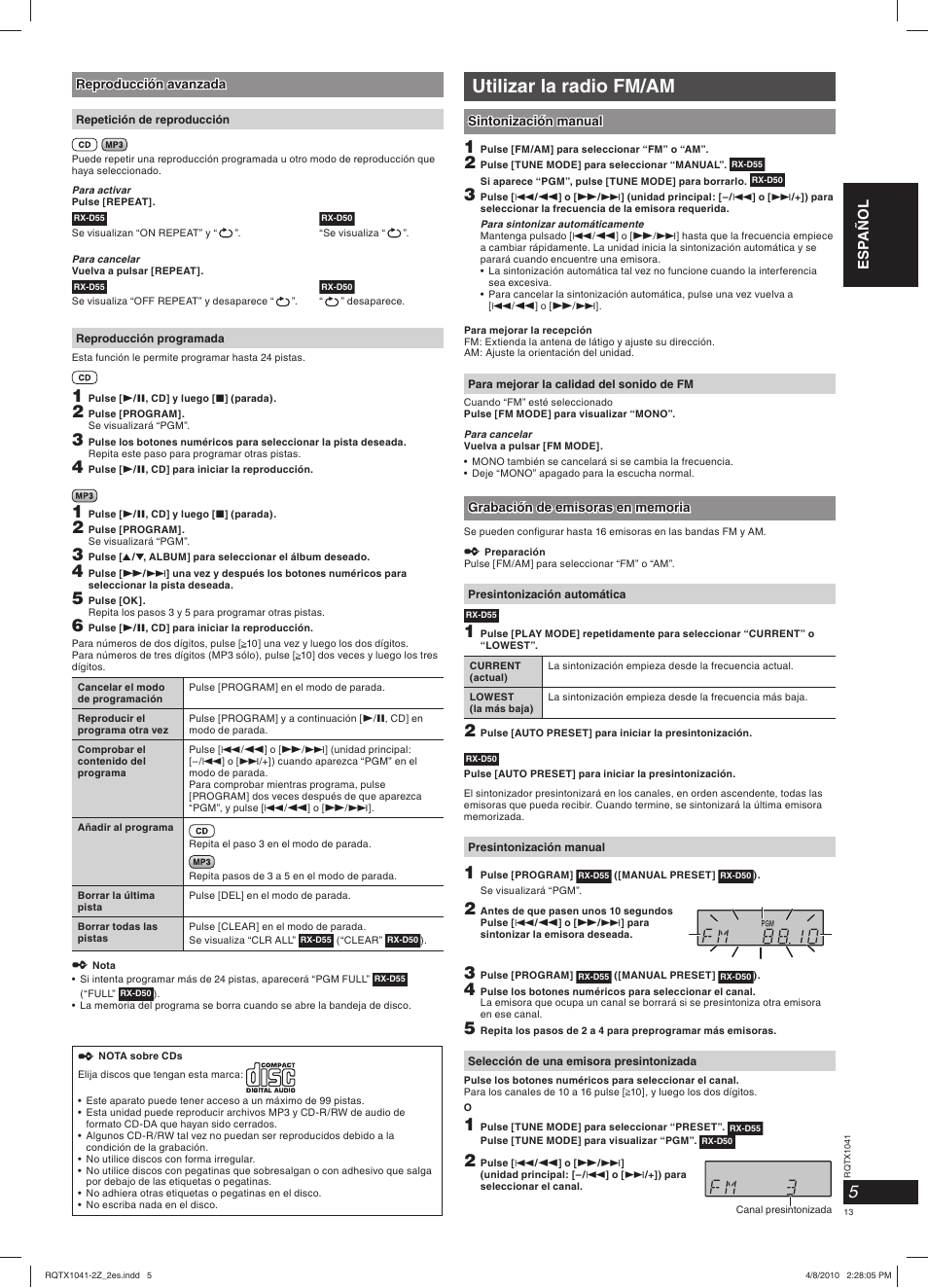Utilizar la radio fm/am | Panasonic RXD50EG User Manual | Page 13 / 28