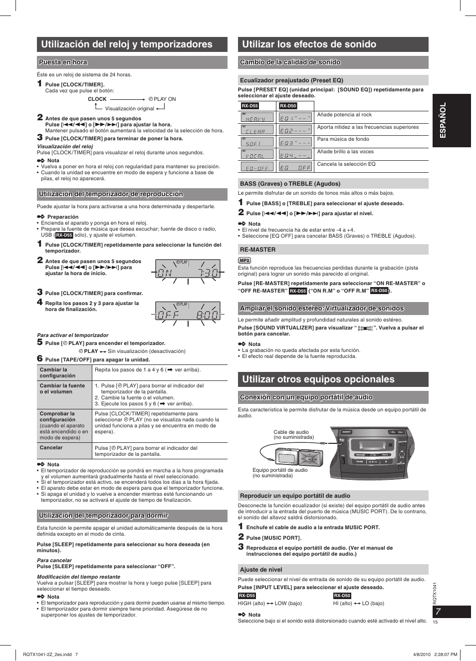 Utilización del reloj y temporizadores, Utilizar otros equipos opcionales, Utilizar los efectos de sonido | Panasonic RXD50EG User Manual | Page 15 / 28
