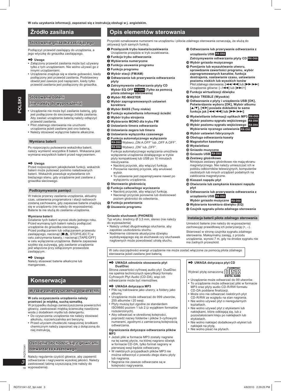 Źródło zasilania, Konserwacja, Opis elementów sterowania | Panasonic RXD50EG User Manual | Page 18 / 28